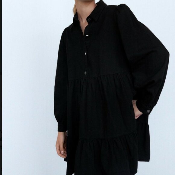 Zara Black Tiered Shirt Dress with Long Sleeves - Size Small NEW WITH TAG! - Picture 3 of 6